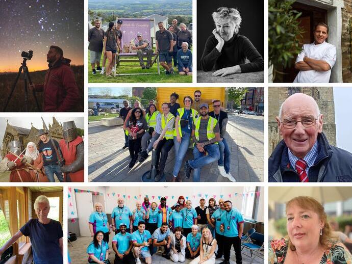 Collage of people involved in community events, volunteer groups, and outdoor activities, with scenic backgrounds and historic buildings visible.