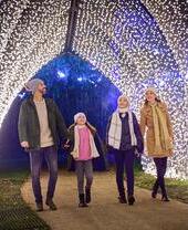 Family with children walk under a Christmas lights archway