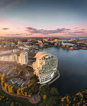 A top down view of Voco St David's Hotel in Cardiff, Wales