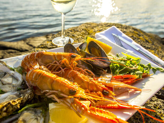 Selection of seafood on a plate with a glass of wine by the water