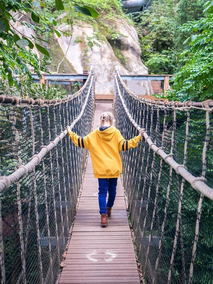 Mädchen, das über eine Brücke im Eden Project geht