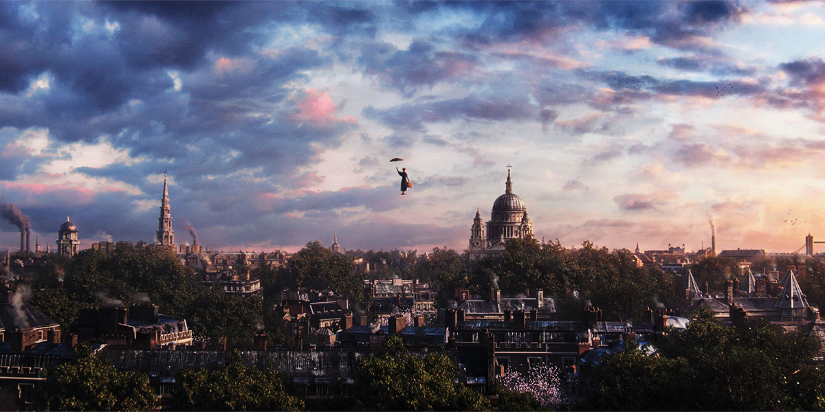 Person with umbrella floats above a city skyline at sunset, St Paul's Cathedral visible among rooftops and trees.