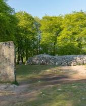 A large grey stone marker in front of a circular stone burial chamber surrounded by trees.