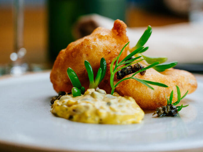 Gourmet plated food at an organic fine dining restaurant.