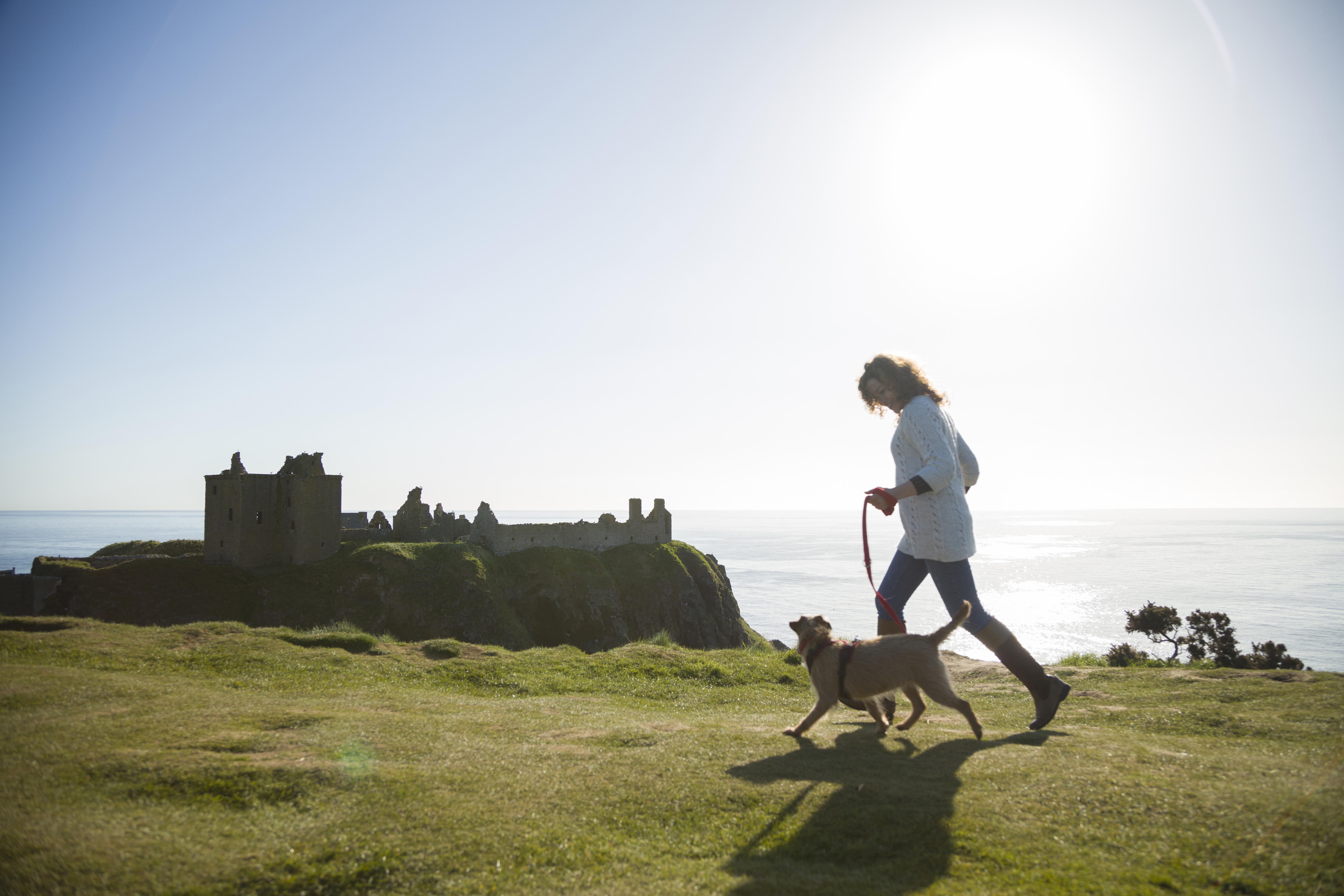 Woman walking near a castle with a dog on a clifftop by the sea