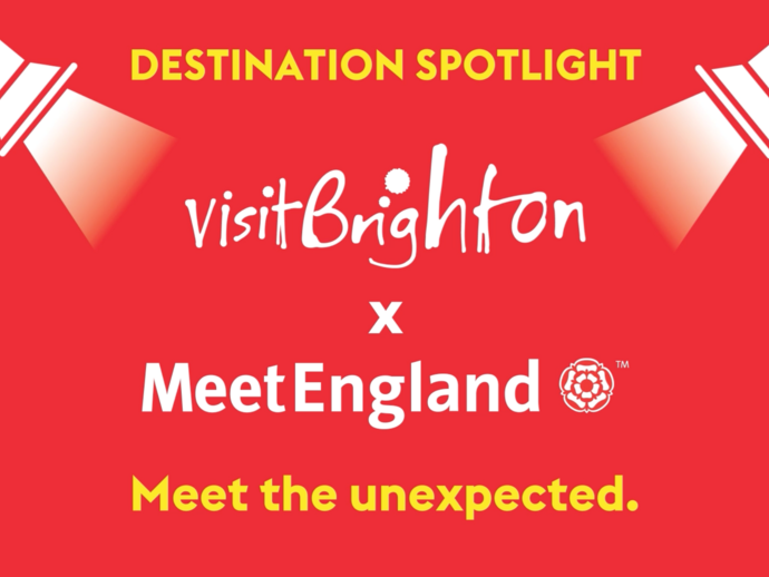 Red graphic with spotlights, VisitBrighton and MeetEngland logos, and text promoting 'Meet the unexpected.'