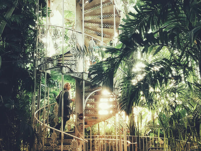 Woman going up the staircase in a large glass house filled with plants