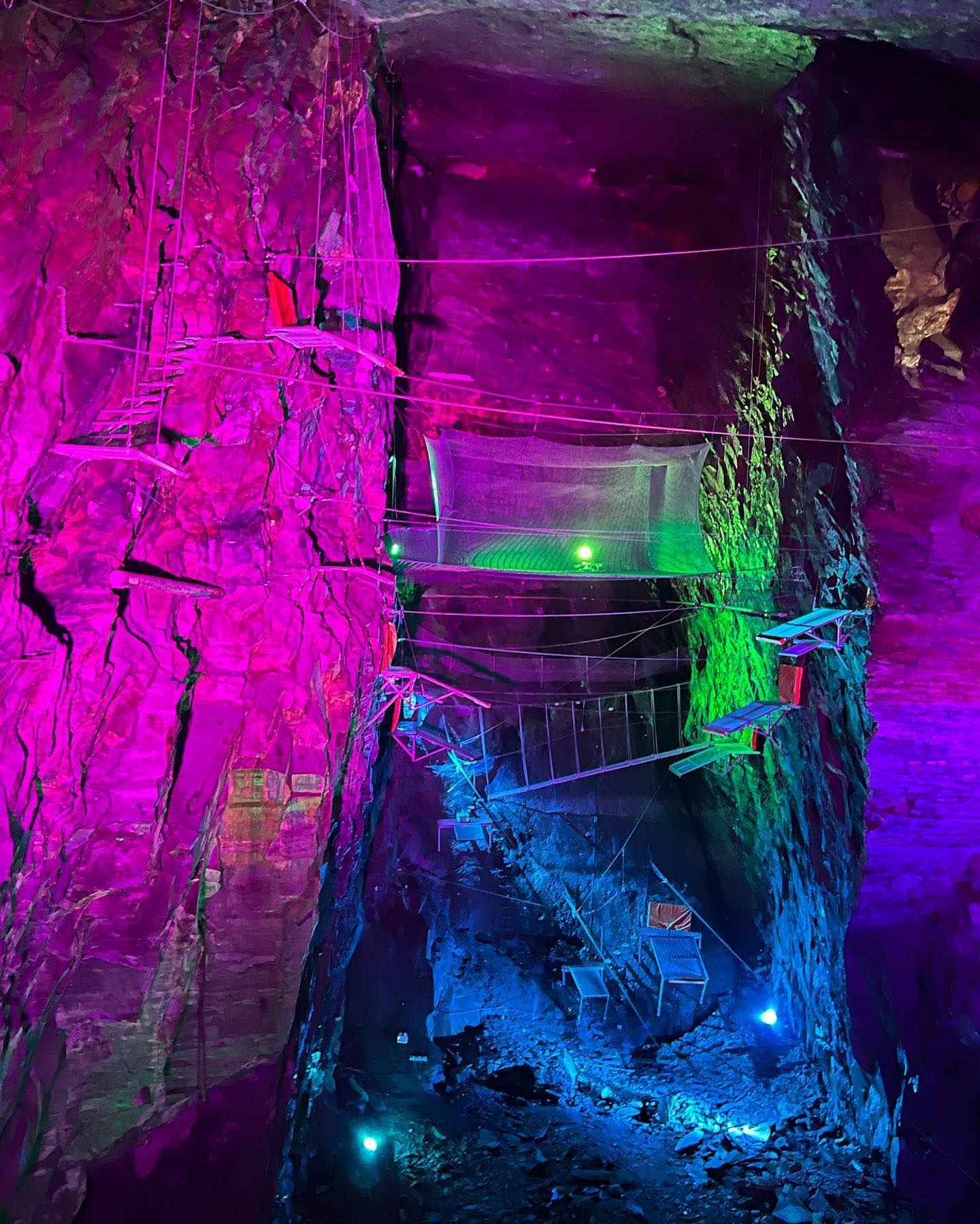 Snowdonia’s Zip World Slate Caverns lit up with neon lights