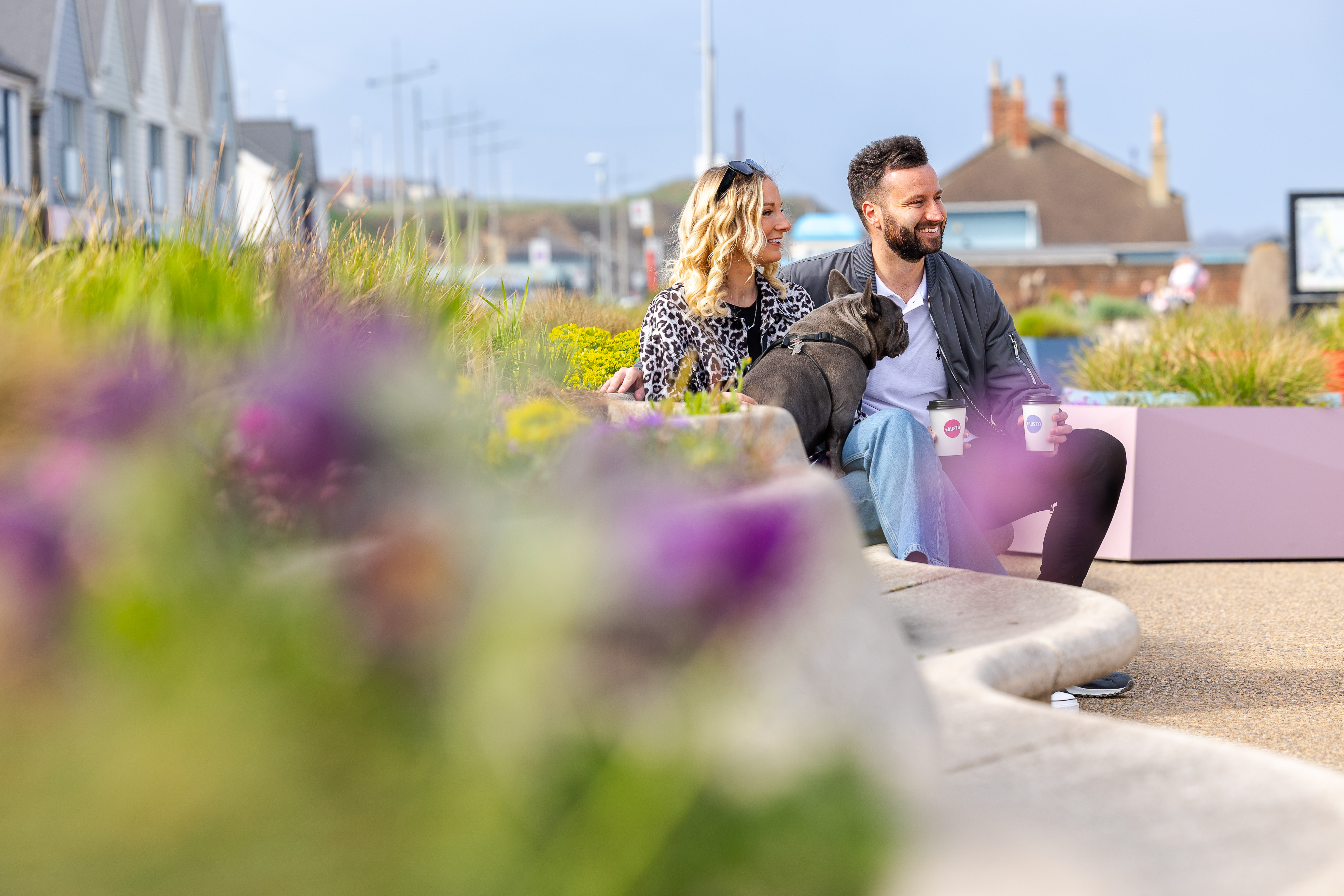 A couple with their dog sitting on a seaside chair enjoying the view.
