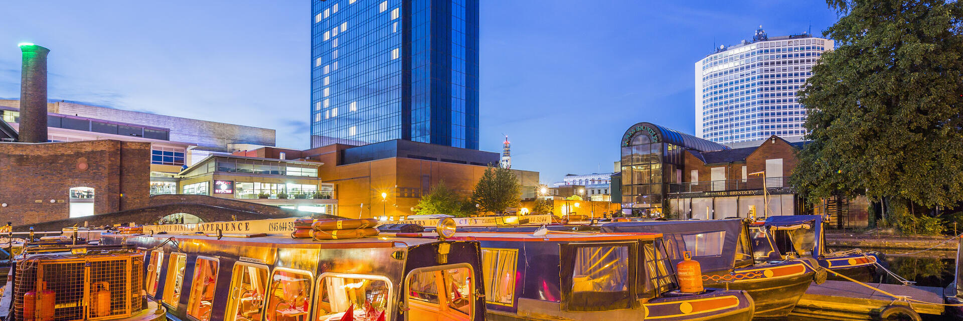 Narrowboats moored in Gas Street Basin.