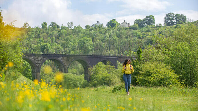 A woman walks in a field in front of a viaduct