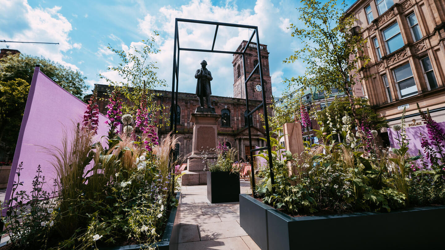 Flower displays set up in Manchester's city centre for the Manchester Flower Festival