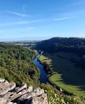 Un belvédère rocheux entouré d'arbres avec une rivière en contrebas.