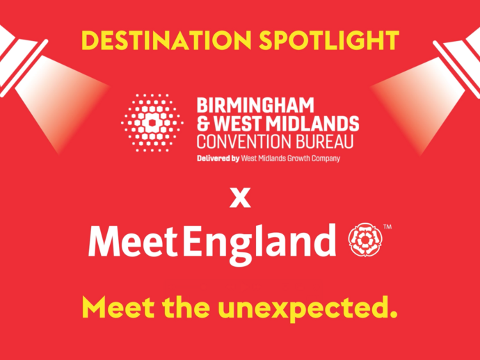 Red promotional image for Birmingham & West Midlands Convention Bureau and MeetEngland with spotlights and the phrase 'Meet the unexpected.'