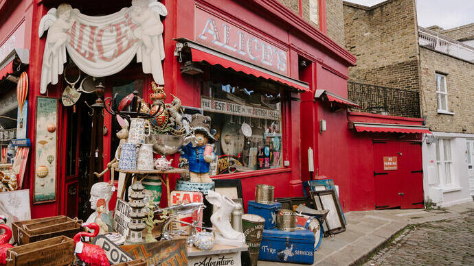 Outside an antique and bric-a-brac store piled high along the footpath with fun goodies.