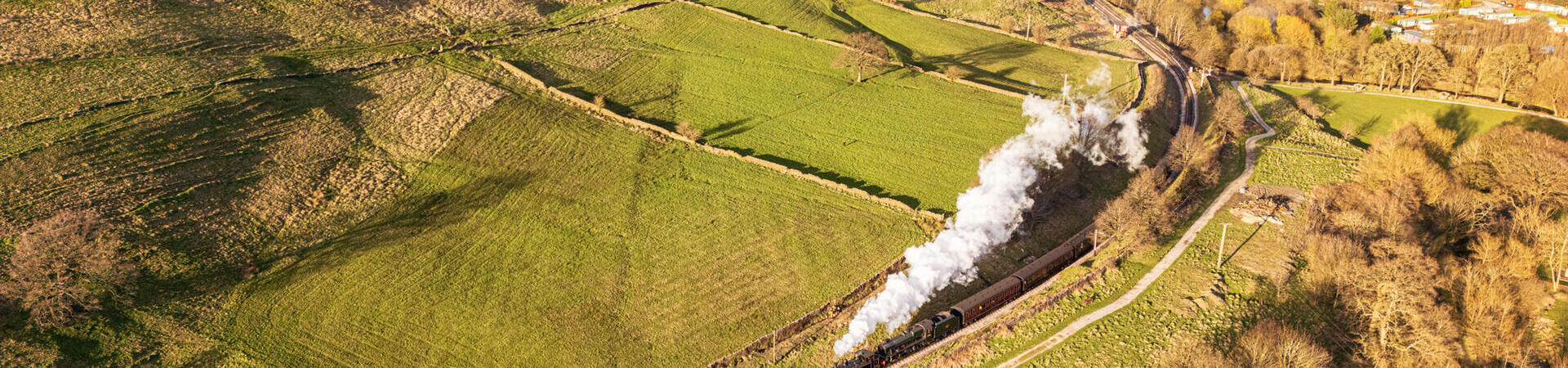 Steam train travelling along tracks in the countryside