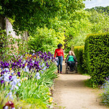Two women walking, one using a wheelchair, meandering through a garden path.