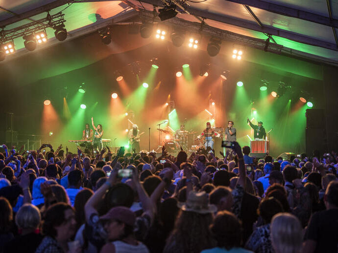 Rear view of crowd of people at a concert, band performing on stage