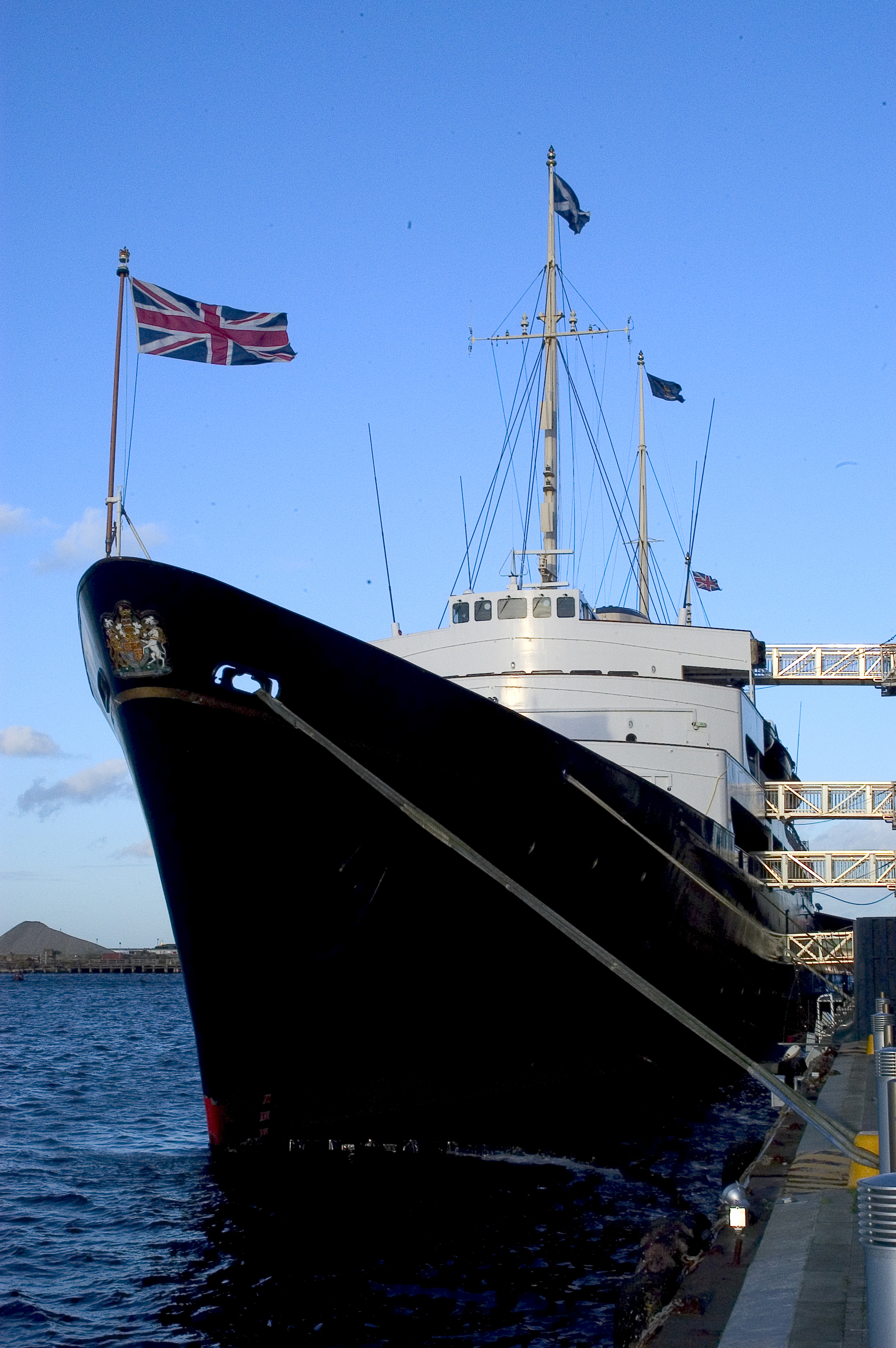 Exterior of a royal yacht with a British flag