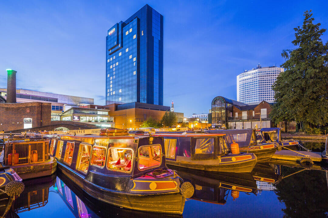 Narrowboats moored in Gas Street Basin.