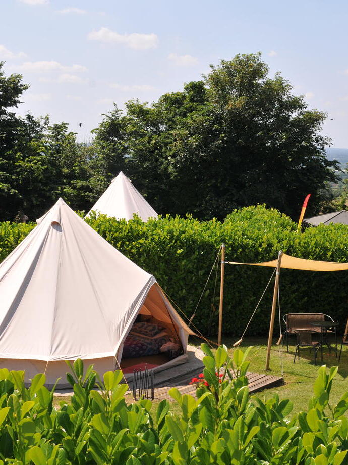 Yurt style individual glamping pitches surrounded by laurel privacy hedges