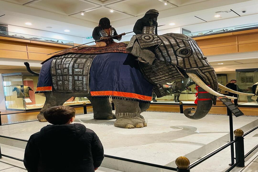 A set of elephant armor on display at the Royal Armouries Museum in Leeds