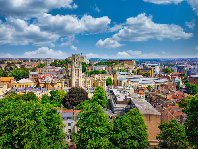 View of city buildings including a cathedral