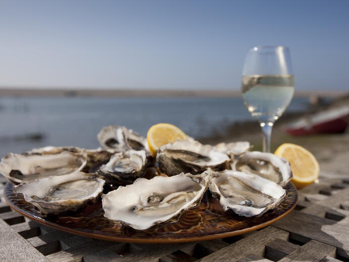 Plato de ostras y una copa de vino sobre una mesa de madera junto al mar