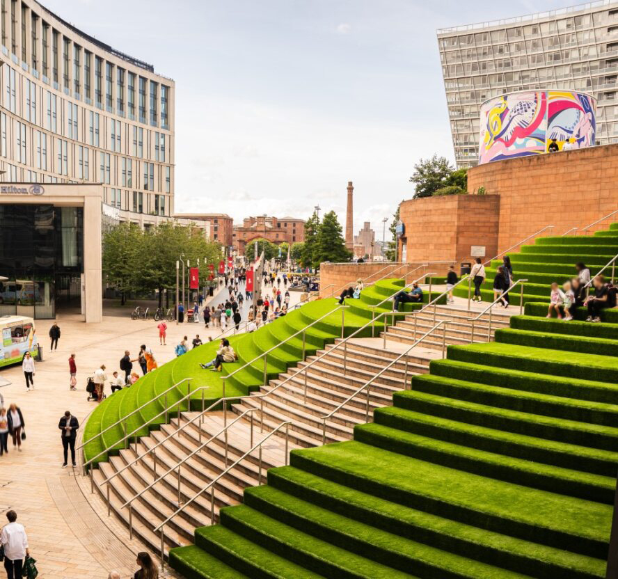 Outdoor grassy steps of a shopping centre